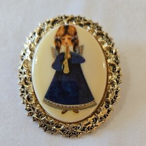 Vintage MCM Blue Transferware Christmas Angel Gold-tone Framed Oval Brooch
